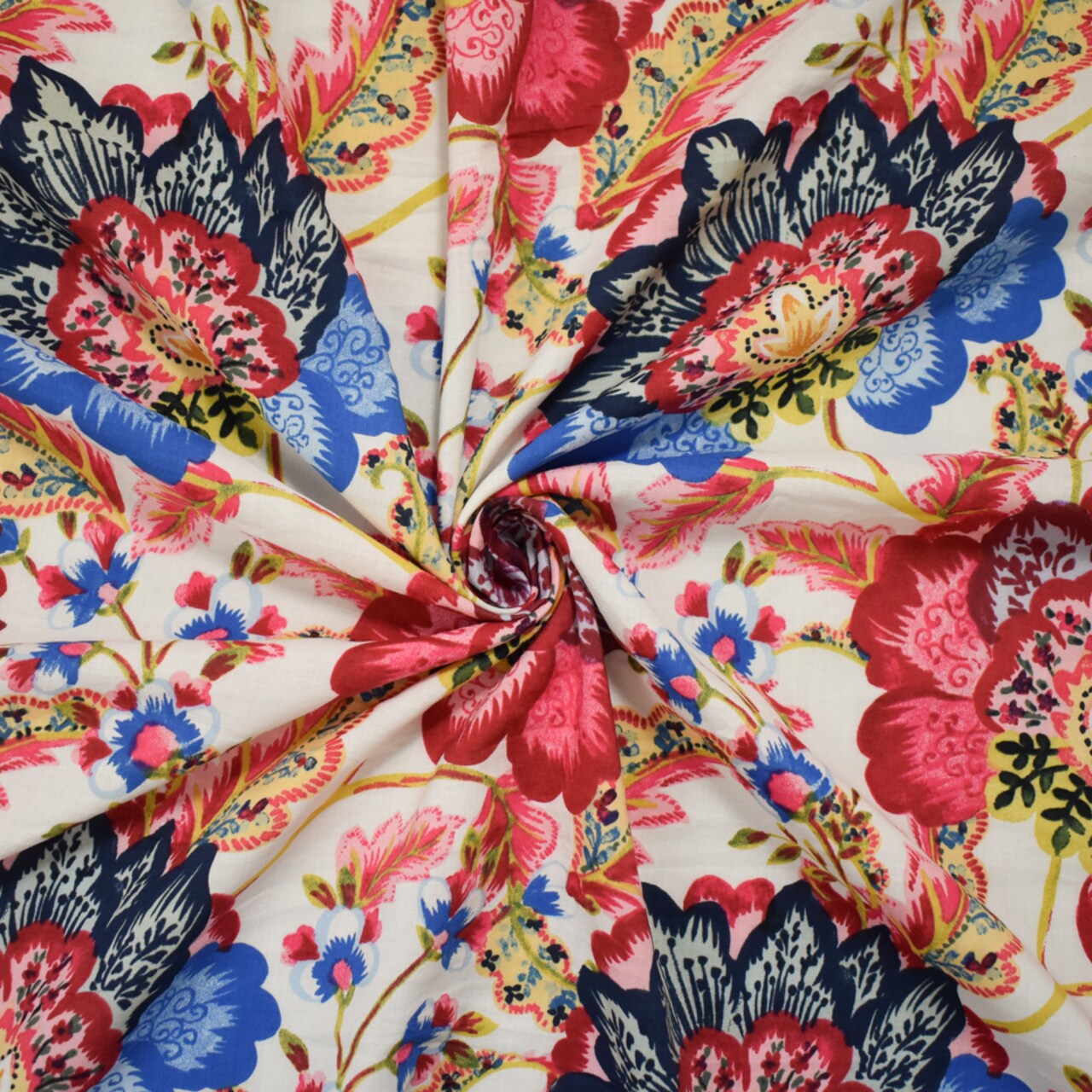 Blue-Pink-Multi Cotton-Rayon Floral Printed Lawn Woven Fabric By the Yard
